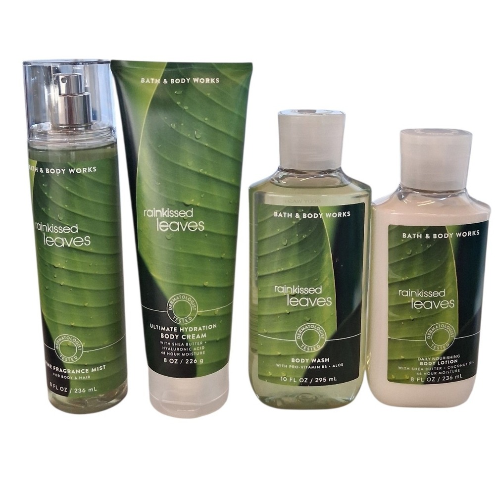 RARE Bath & Body Works Womens Rainkissed Leaves 4pcs Full Size Bundle Watercress